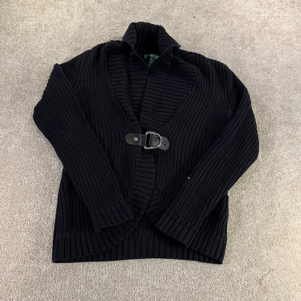 Lauren Ralph Lauren Cardigan Womens PS Black Buckle Shawl Collar‎ Shaker Knit